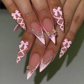 24Pcs Long Almond False Nails Press on Pink French Stripe Design Fake Nails 3D Bow Pearl Reusable Finished Full Cover Nails Tips