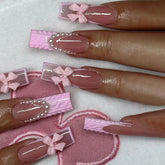 24Pcs Long Square Head French Fake Nails Press on 3D Bow Pearl with Design Full Cover Nails Tips Reusable Artificial False Nails