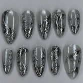 24Pcs Y2k French False Nails with Almond Head Design Silver Stripes Wearable Full Cover Press on Fake Nails Short Nail Art Tips