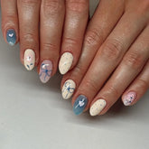 24Pcs Simple White Fake Nail Tips with Flower Bow Polka Dot Design Short Round Head Press on Nails Detachable Blue False Nails