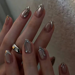 24Pcs Nude Pink Almond Fake Nails with Golden Lines Design Long Round Head Press on False Nails Wearable Full Cover Nail Tips