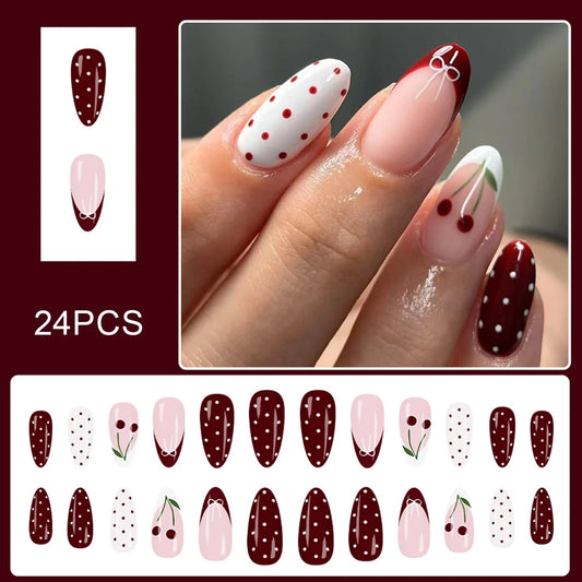 24Pcs Wine Red Almond Fake Nails with Polka Dot/Bowknot/Cherry Designs French Press On Nails Women Girls New Year Charm Manicure