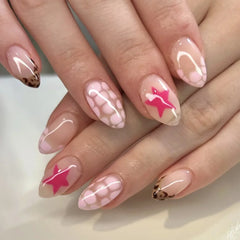 24Pcs Short Almond Fake Nails Press on Pink Flower Leopard Print French False Nails Detachable Artificial Full Cover Nails Tips