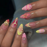 24pcs/set Medium fake nails for women girls 3D embossed flowers fruit shell rhinestones design Almond tips press on false nail
