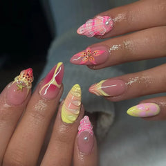 24pcs/set Medium fake nails for women girls 3D embossed flowers fruit shell rhinestones design Almond tips press on false nail