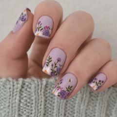 24Pcs Square Head Nails Set Press on Short False Nails with Purple Flowers Design Wearable Artificial Full Cover Fake Nail Tips