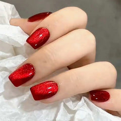 Red Short Square Fake Nails 30Pcs Glossy Cat's Eyes Press On Nails Women Girls New Year Party Charm Manicure Christmas Nails Art