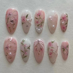 24Pcs Mid-length Almond False Nails Gold Irregular French Fake Nail Love Heart Starburst Rhinestone Reusable Press on Nails Tips