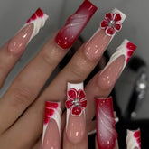 24Pcs Red Smudge French Full Cover Nails Tips Art Long Square Head Fake Nails 3D Flower Rhinestone Wearable Press on False Nails
