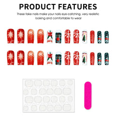 Christmas Fake Nails 24Pcs Medium-length Squre Press On Nails Xmas Tree/Snowflake Printed Women Girls Charm Manicure Nails Art