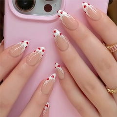 Gentle Women Almond Fake Nails 24Pcs White French Press on Nails Red Love Heart Printed Valentine's Day Charm Manicure Nails Art