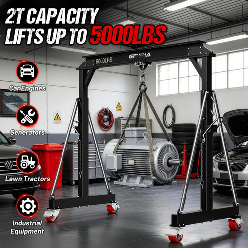2 Ton Gantry Crane, 5000LBS Steel I-Beam Construction, Upgraded Adjustable Height (8.53-12.47ft), with 360°Locking Wheels, Portable Shop Hoist for Factories, Warehouses, Auto Repair