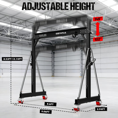 2 Ton Gantry Crane, 5000LBS Steel I-Beam Construction, Upgraded Adjustable Height (8.53-12.47ft), with 360°Locking Wheels, Portable Shop Hoist for Factories, Warehouses, Auto Repair