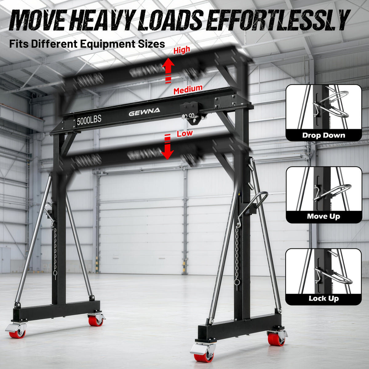 2 Ton Gantry Crane, 5000LBS Steel I-Beam Construction, Upgraded Adjustable Height (8.53-12.47ft), with 360°Locking Wheels, Portable Shop Hoist for Factories, Warehouses, Auto Repair