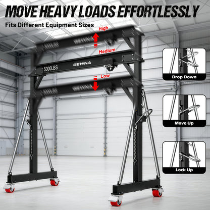 2 Ton Gantry Crane, 5000LBS Steel I-Beam Construction, Upgraded Adjustable Height (8.53-12.47ft), with 360°Locking Wheels, Portable Shop Hoist for Factories, Warehouses, Auto Repair
