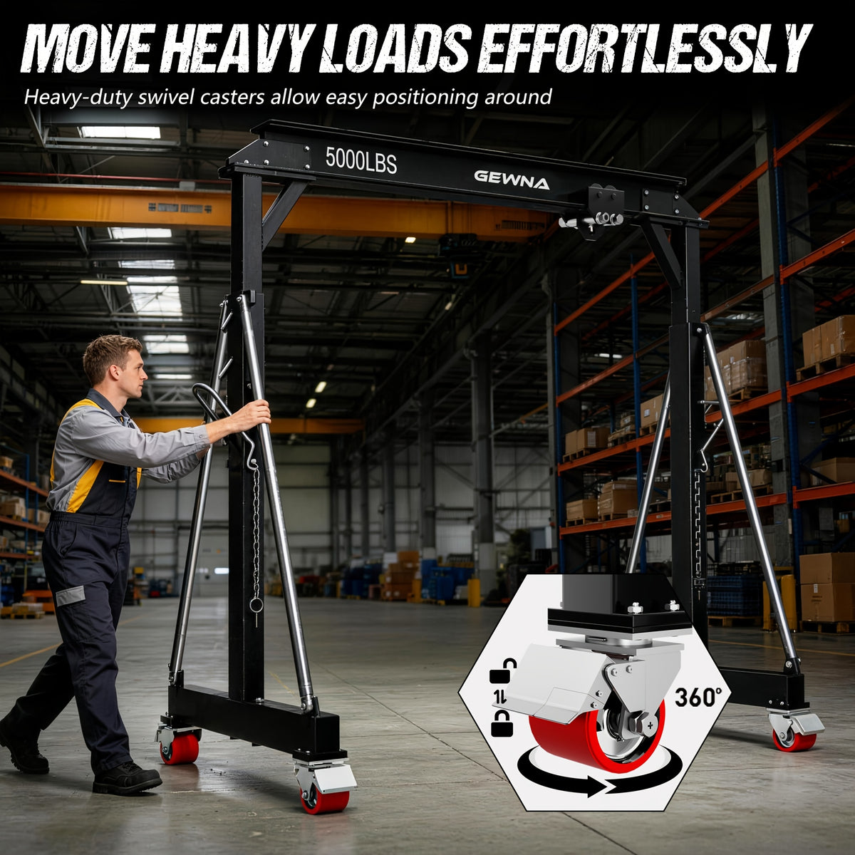 2 Ton Gantry Crane, 5000LBS Steel I-Beam Construction, Upgraded Adjustable Height (8.53-12.47ft), with 360°Locking Wheels, Portable Shop Hoist for Factories, Warehouses, Auto Repair