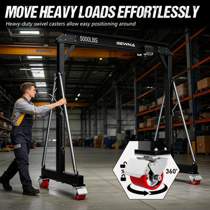 2 Ton Gantry Crane, 5000LBS Steel I-Beam Construction, Upgraded Adjustable Height (8.53-12.47ft), with 360°Locking Wheels, Portable Shop Hoist for Factories, Warehouses, Auto Repair