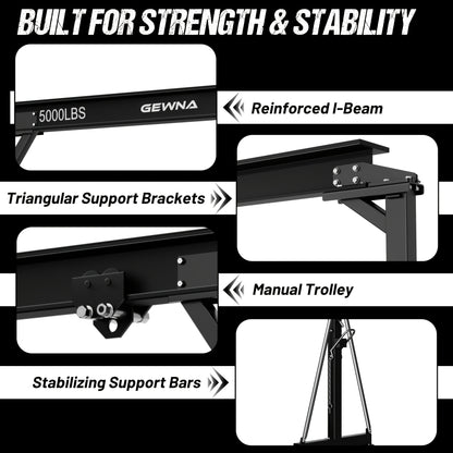 2 Ton Gantry Crane, 5000LBS Steel I-Beam Construction, Upgraded Adjustable Height (8.53-12.47ft), with 360°Locking Wheels, Portable Shop Hoist for Factories, Warehouses, Auto Repair