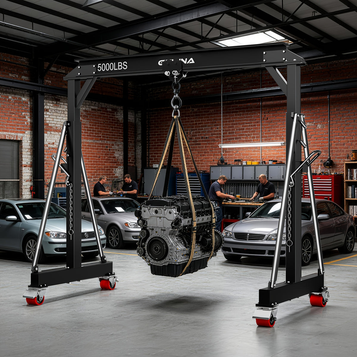 2 Ton Gantry Crane, 5000LBS Steel I-Beam Construction, Upgraded Adjustable Height (8.53-12.47ft), with 360°Locking Wheels, Portable Shop Hoist for Factories, Warehouses, Auto Repair