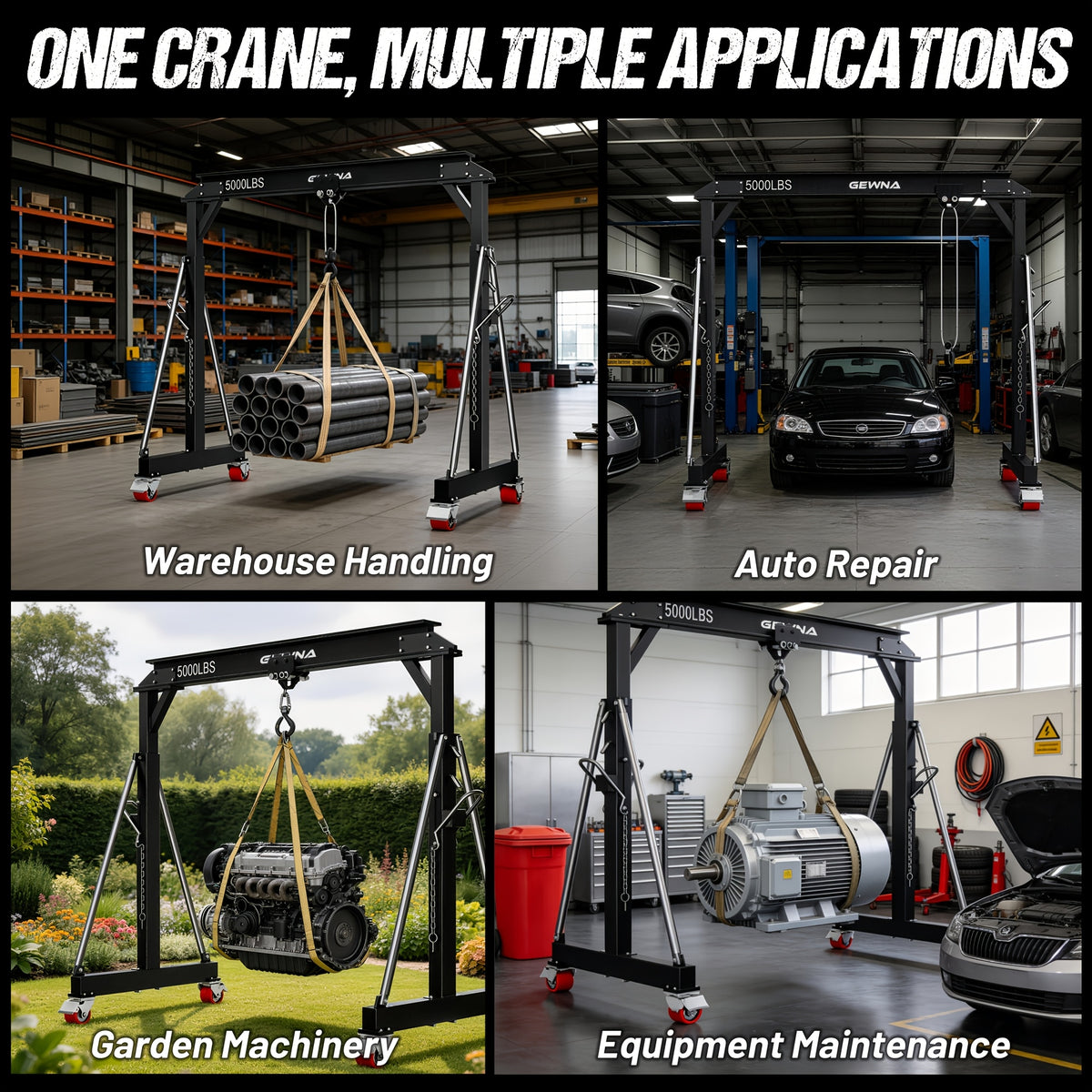 2 Ton Gantry Crane, 5000LBS Steel I-Beam Construction, Upgraded Adjustable Height (8.53-12.47ft), with 360°Locking Wheels, Portable Shop Hoist for Factories, Warehouses, Auto Repair