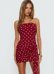 Karlena Strapless Ruched Mini Dress Burgundy Polka Dot