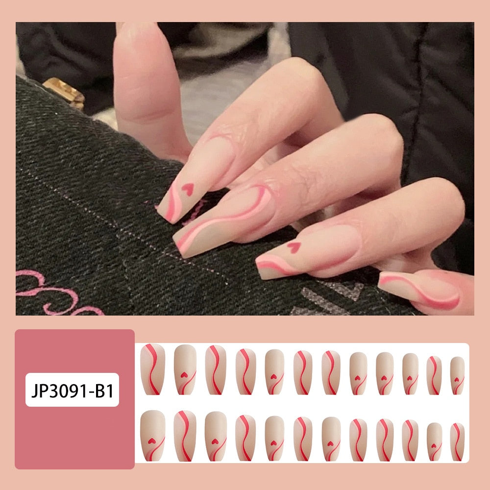24Pcs Fashion Wearable Nail Art Butterfly Design Detachable Nude Color Coffin Fake Nails with Glue Full Cover Press on Nails