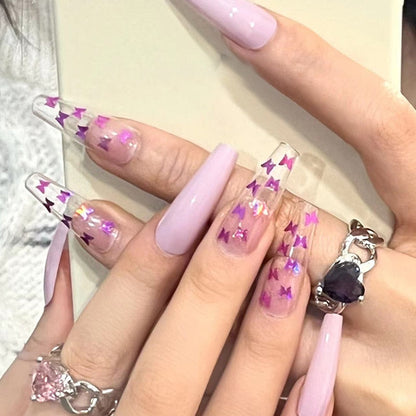 24Pcs Fashion Wearable Nail Art Butterfly Design Detachable Nude Color Coffin Fake Nails with Glue Full Cover Press on Nails