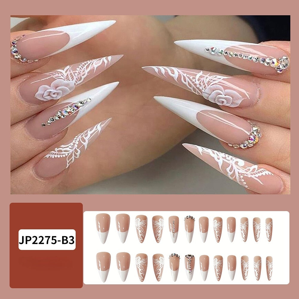 24Pcs Fashion Wearable Nail Art Butterfly Design Detachable Nude Color Coffin Fake Nails with Glue Full Cover Press on Nails