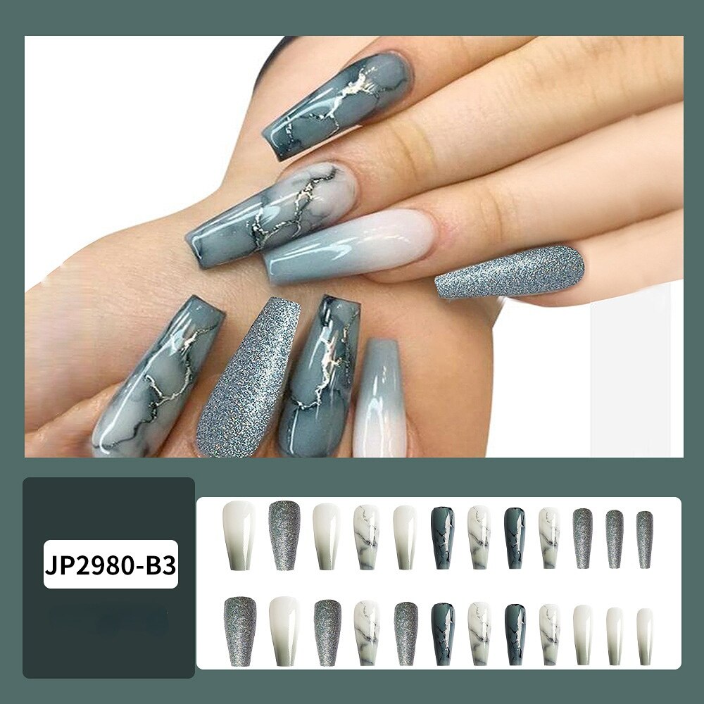 24Pcs Fashion Wearable Nail Art Butterfly Design Detachable Nude Color Coffin Fake Nails with Glue Full Cover Press on Nails