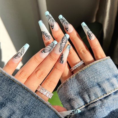 24Pcs Fashion Wearable Nail Art Butterfly Design Detachable Nude Color Coffin Fake Nails with Glue Full Cover Press on Nails