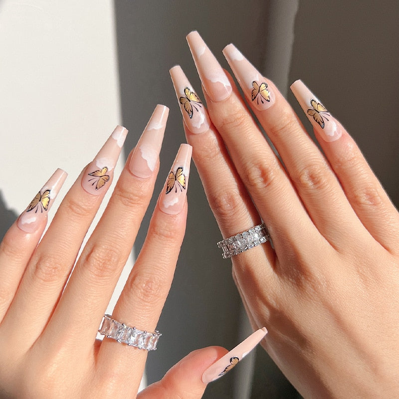 24Pcs Fashion Wearable Nail Art Butterfly Design Detachable Nude Color Coffin Fake Nails with Glue Full Cover Press on Nails