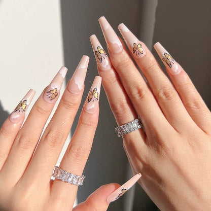 24Pcs Fashion Wearable Nail Art Butterfly Design Detachable Nude Color Coffin Fake Nails with Glue Full Cover Press on Nails