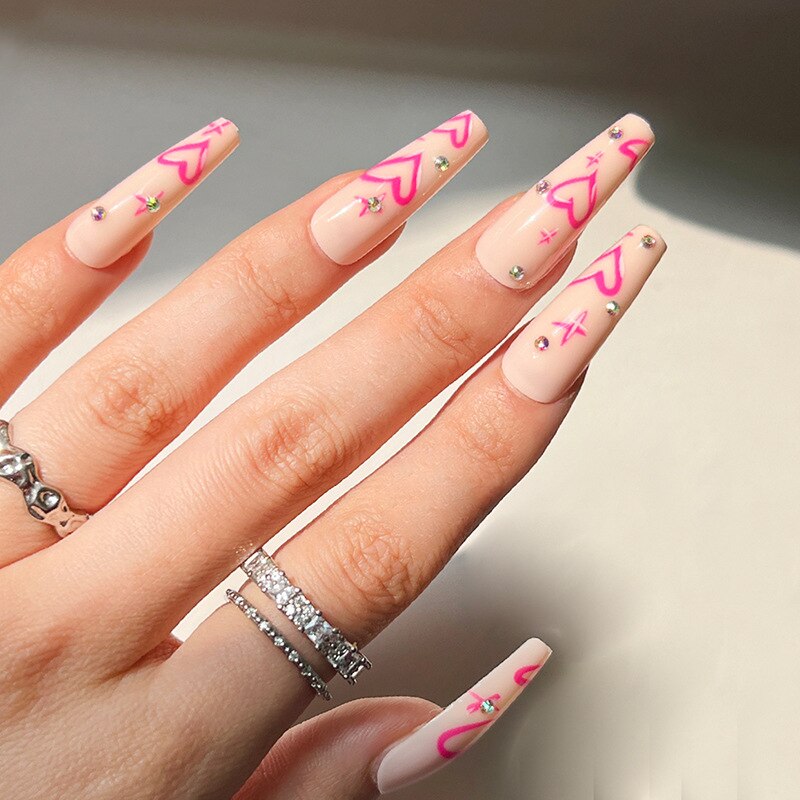 24Pcs Fashion Wearable Nail Art Butterfly Design Detachable Nude Color Coffin Fake Nails with Glue Full Cover Press on Nails