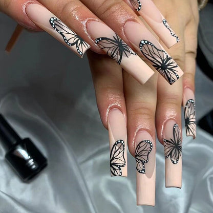 24Pcs Fashion Wearable Nail Art Butterfly Design Detachable Nude Color Coffin Fake Nails with Glue Full Cover Press on Nails