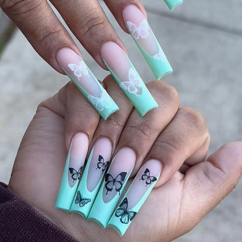 24Pcs Fashion Wearable Nail Art Butterfly Design Detachable Nude Color Coffin Fake Nails with Glue Full Cover Press on Nails