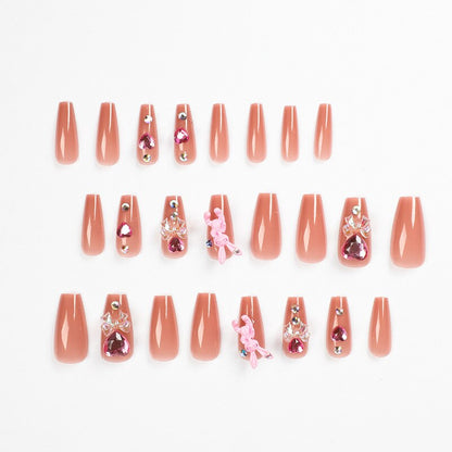 24Pcs Fashion Wearable Nail Art Butterfly Design Detachable Nude Color Coffin Fake Nails with Glue Full Cover Press on Nails