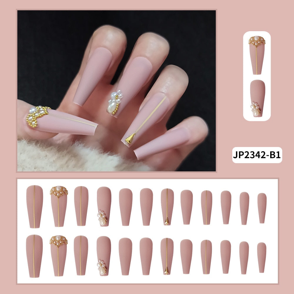 24Pcs Fashion Wearable Nail Art Butterfly Design Detachable Nude Color Coffin Fake Nails with Glue Full Cover Press on Nails