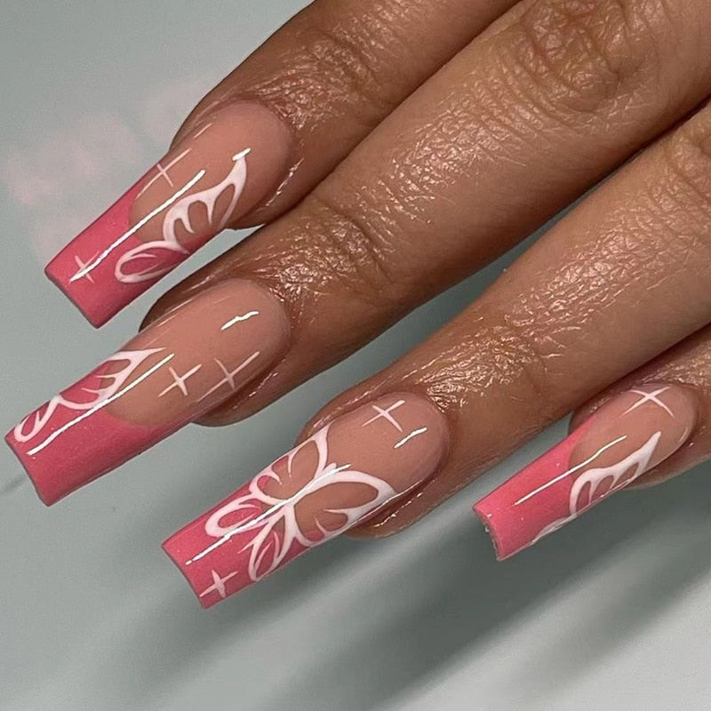 24Pcs Fashion Wearable Nail Art Butterfly Design Detachable Nude Color Coffin Fake Nails with Glue Full Cover Press on Nails