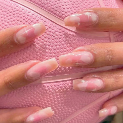 24Pcs Fashion Wearable Nail Art Butterfly Design Detachable Nude Color Coffin Fake Nails with Glue Full Cover Press on Nails