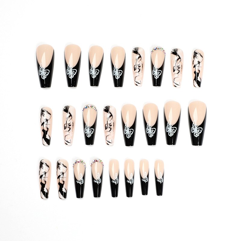 24Pcs Fashion Wearable Nail Art Butterfly Design Detachable Nude Color Coffin Fake Nails with Glue Full Cover Press on Nails