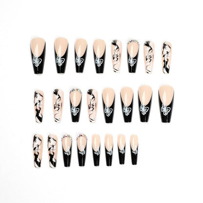 24Pcs Fashion Wearable Nail Art Butterfly Design Detachable Nude Color Coffin Fake Nails with Glue Full Cover Press on Nails