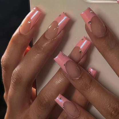 24Pcs Fashion Wearable Nail Art Butterfly Design Detachable Nude Color Coffin Fake Nails with Glue Full Cover Press on Nails