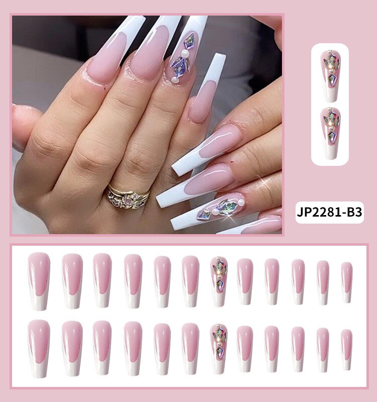 24Pcs Fashion Wearable Nail Art Butterfly Design Detachable Nude Color Coffin Fake Nails with Glue Full Cover Press on Nails