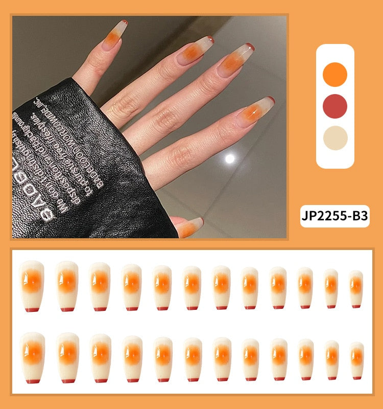 24Pcs Fashion Wearable Nail Art Butterfly Design Detachable Nude Color Coffin Fake Nails with Glue Full Cover Press on Nails