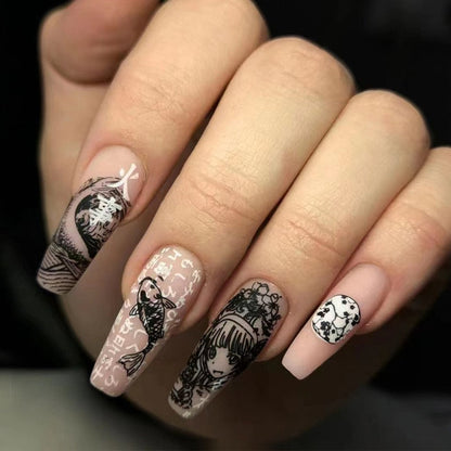 24Pcs Fashion Wearable Nail Art Butterfly Design Detachable Nude Color Coffin Fake Nails with Glue Full Cover Press on Nails