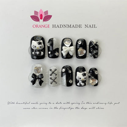 Acrylic Press on Nails With 3d Designs Kawaii Cat Cute Full Cover Artificial Nails Black Color Handmade Japanese Manicuree Nails