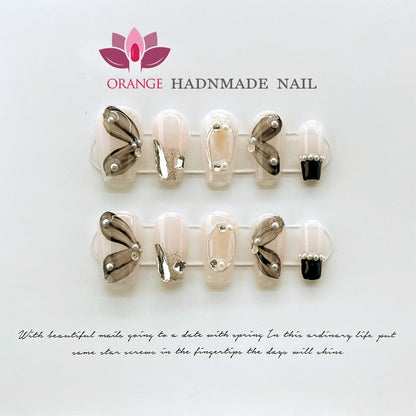 Black Fake Press on Nails Full Cover Ballerina Korean Handmade Manicuree Heart Decoration Nail Art Wearable Artificial Nail Tips