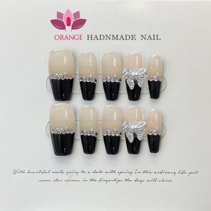 Black Fake Press on Nails Full Cover Ballerina Korean Handmade Manicuree Heart Decoration Nail Art Wearable Artificial Nail Tips