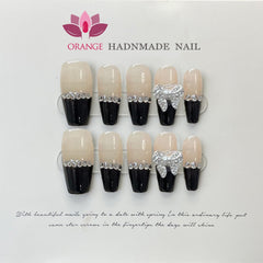 Black Fake Press on Nails Full Cover Ballerina Korean Handmade Manicuree Heart Decoration Nail Art Wearable Artificial Nail Tips