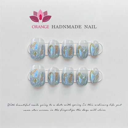 Expensive Press on Nail Korean Short Manicure Pre Decorated Full Cover Fake Nails With Rhinestones Wearable Handmade Finger Nail